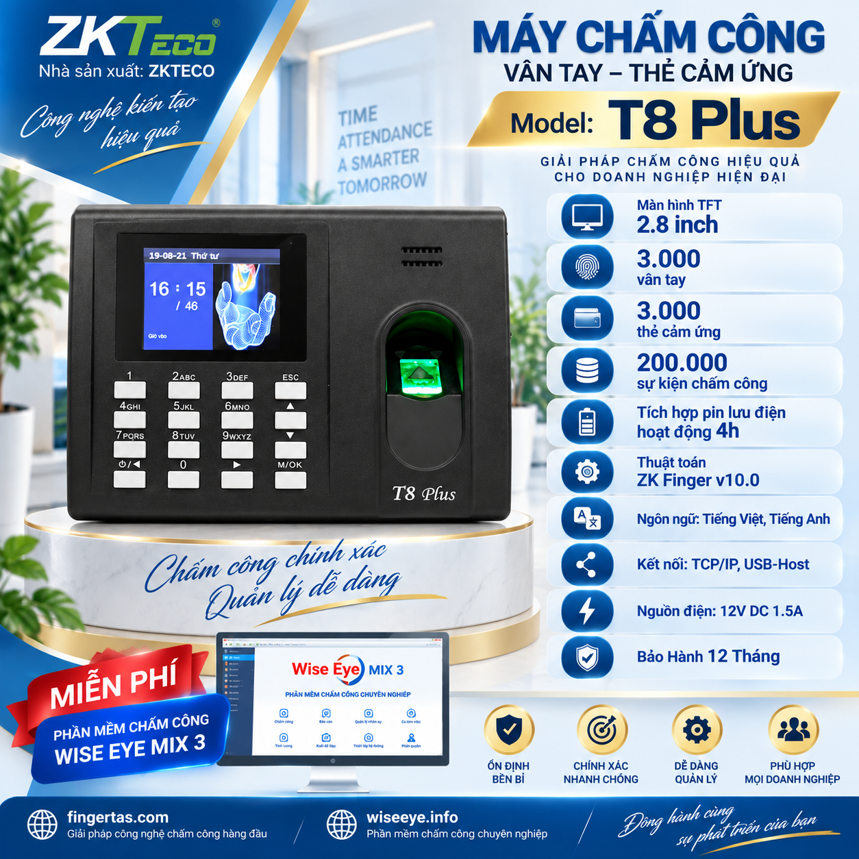 Máy chấm công vân tay T8 Plus Máy chấm công vân tay T8 Plus