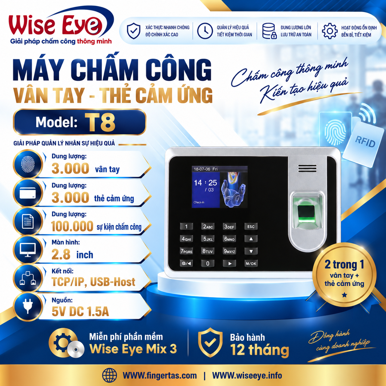 Máy chấm công vân tay T8 Máy chấm công vân tay T8