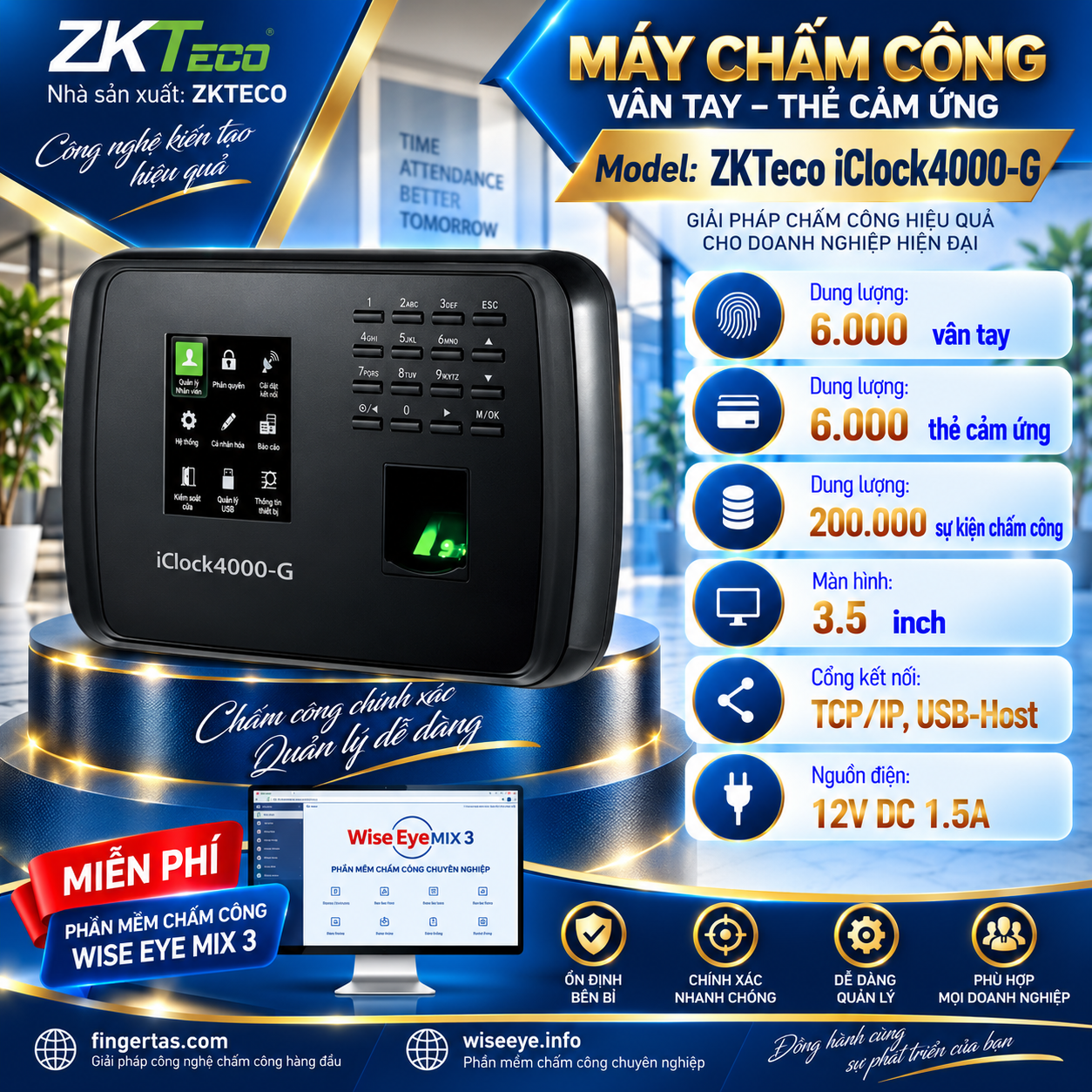Máy chấm công vân tay ZKTeco iClock4000-G Máy chấm công vân tay ZKTeco iClock4000-G