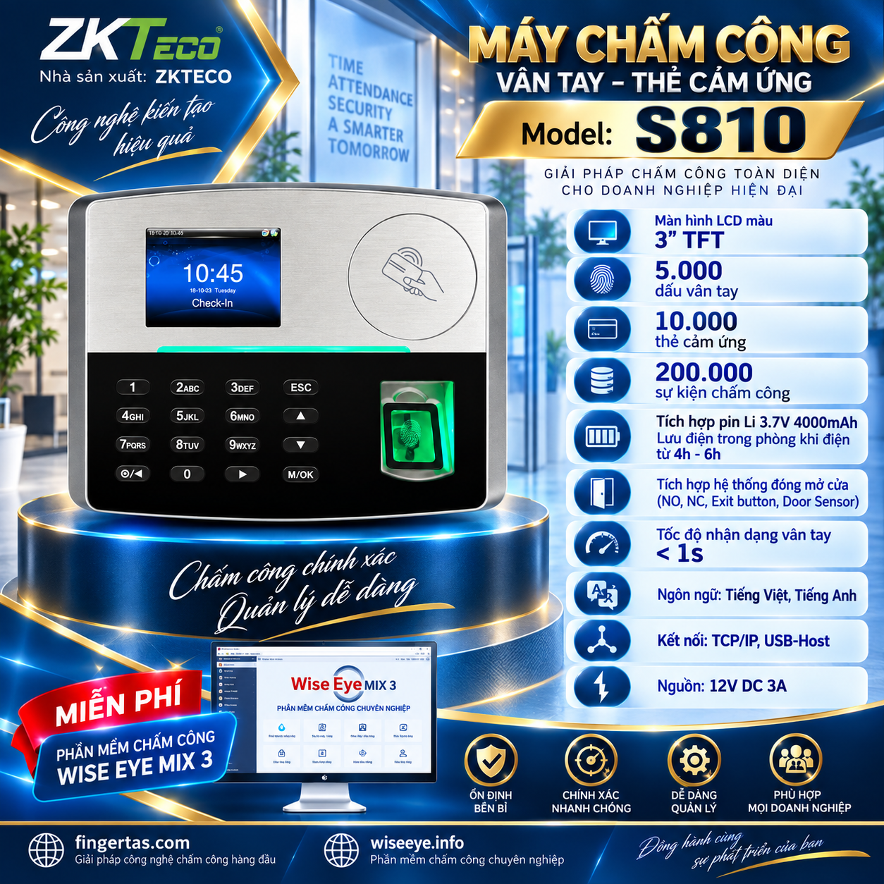 Máy chấm công vân tay S810 Máy chấm công vân tay S810