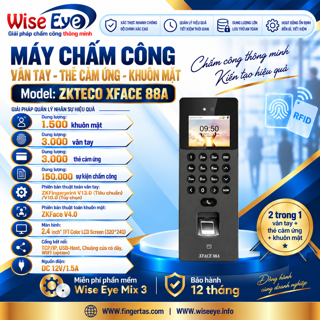 Máy Chấm Công Bằng Khuôn Mặt ZKTECO XFACE 88A