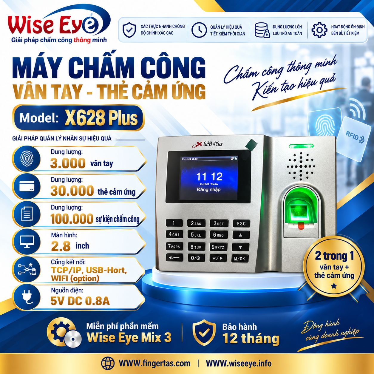 Máy Chấm Công Vân Tay X628 Plus