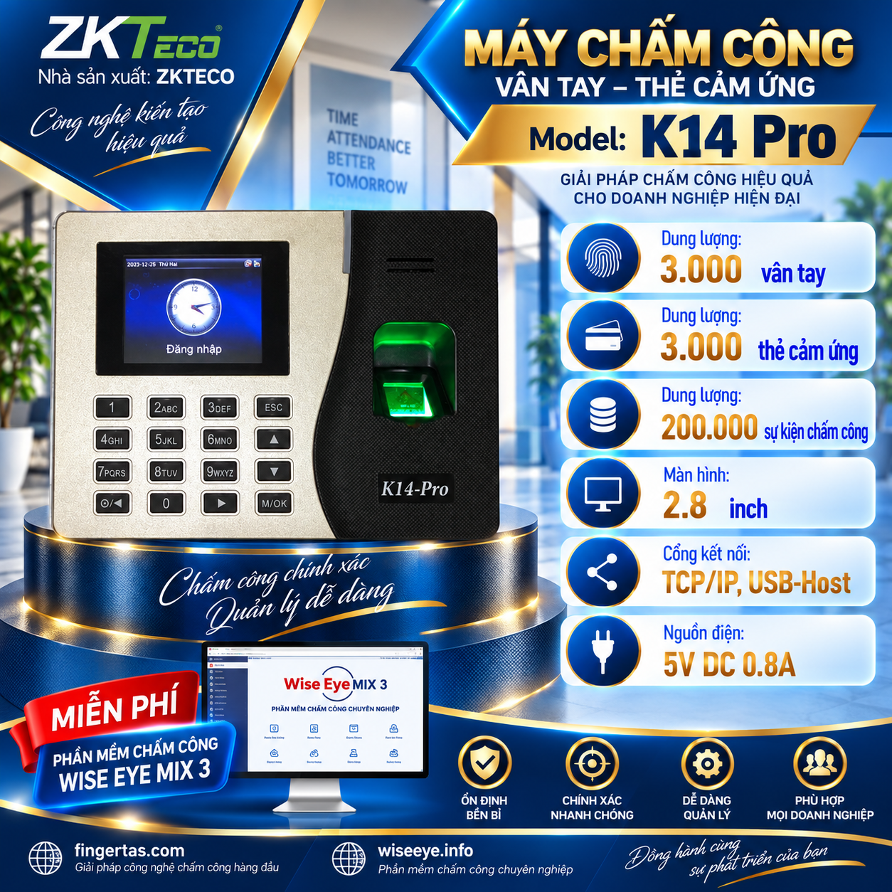 Máy chấm công vân tay K14 Pro Máy chấm công vân tay K14 Pro