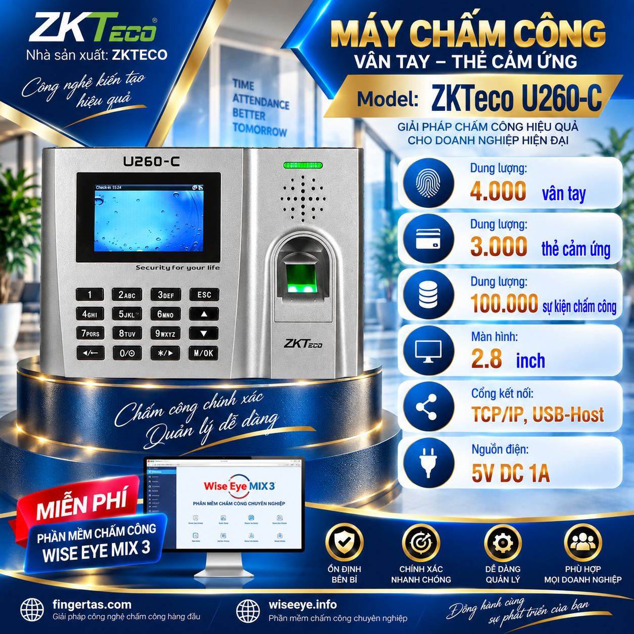 Máy Chấm Công Vân Tay ZKTeco U260-C