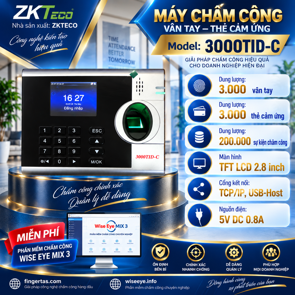 Máy chấm công vân tay 3000TID-C Máy chấm công vân tay 3000TID-C