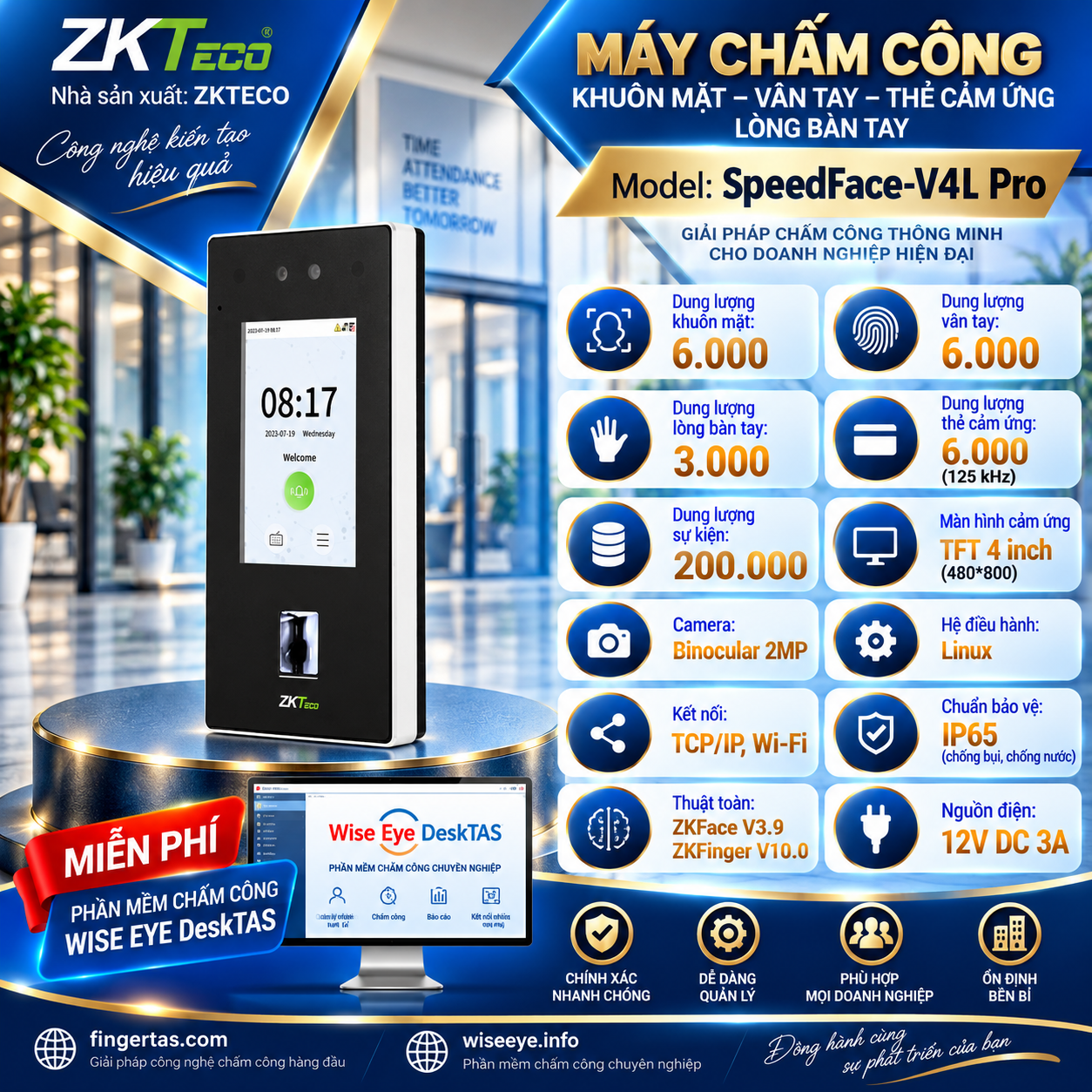Máy Chấm Công Khuôn Mặt ZKTECO V4L PRO Máy Chấm Công Khuôn Mặt ZKTECO V4L PRO